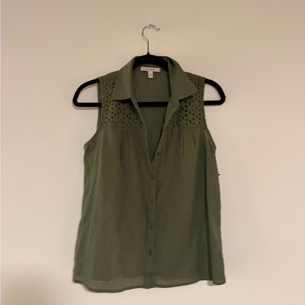 Sleeveless Olive Crochet Yoke Button-Front Top